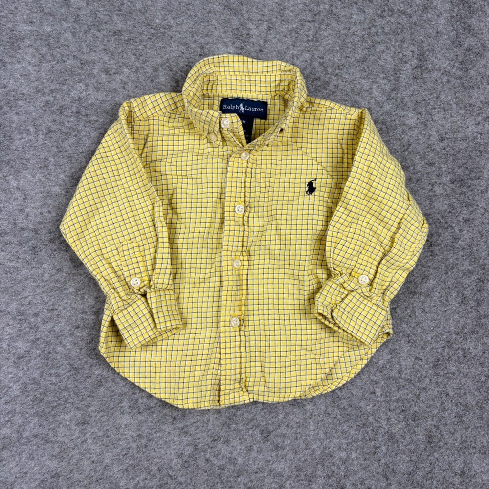 Ralph Lauren Button Down Shirt Boys 12 Months Yellow Plaid Long Sleeve Check